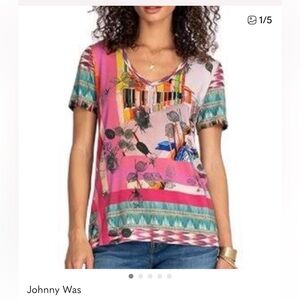 Johnny Was Angelica Bamboo Tee in Pink and Teal Accents